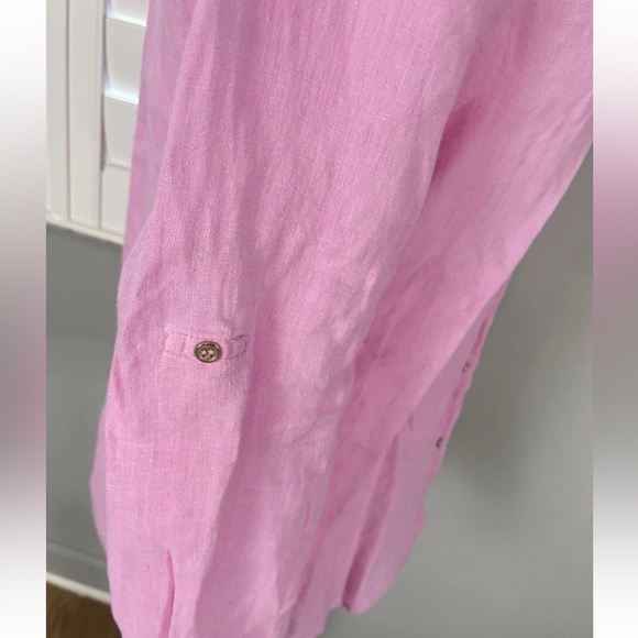 Zara Womens Small 100% Linen Pink Gold Long Sleeve Button Up Shirt Summer Beach - Picture 16 of 16